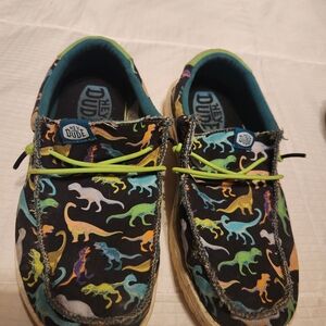 Hey Dude Kids Moccasins with Dinosaur Print - Black and Multicolor